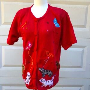 VTG Victoria Harbour Cardigan Cats Butterflies Red Womens Small Rosette Buttons